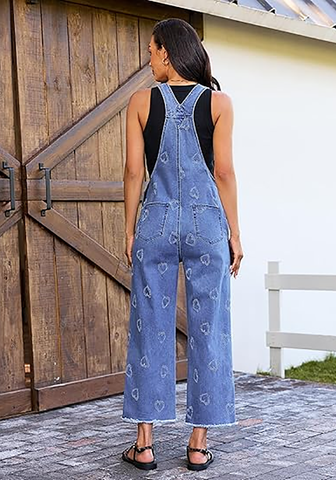 LookbookStore Women's Heart Medium Blue Embroidered Denim Overalls, Loose Fit Wide Leg Capri Bib Overall, Stretchy Raw Hem Summer Jean Jumpsuit