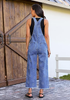 LookbookStore Women's Heart Medium Blue Embroidered Denim Overalls, Loose Fit Wide Leg Capri Bib Overall, Stretchy Raw Hem Summer Jean Jumpsuit