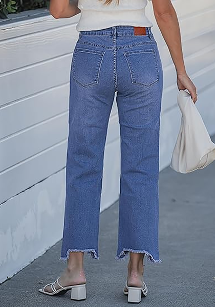 LookbookStore Women's Classic Blue Mid Rise Straight Leg Cropped Jeans Baggy Loose Distressed Raw Hem Stretchy Denim Pants