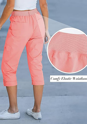 Pink Women's High Wasited Cargo Pants Cuffed Hem Elastic Waist Capri Pants With Pockets