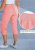 Pink Women's High Wasited Cargo Pants Cuffed Hem Elastic Waist Capri Pants With Pockets