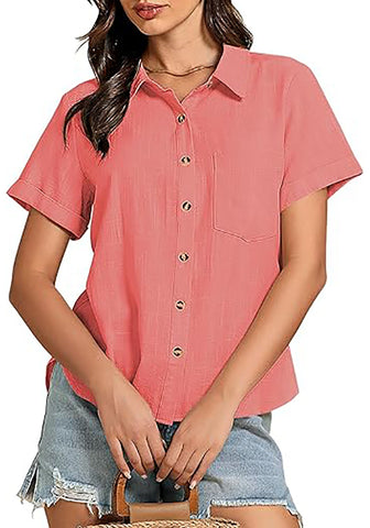 Coral Red for Women's Lapel Button Front Short Sleeve Top Casual Blouse Button-Down Shirt