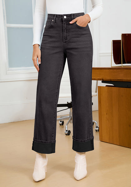 Washed Black Women's Fashionable High Waisted Wide Leg Jeans Casual Jeans Versatile for Commuting