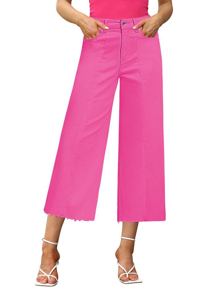 Hot Pink Women's High Waisted Denim Capri Pants Seamed Front Raw