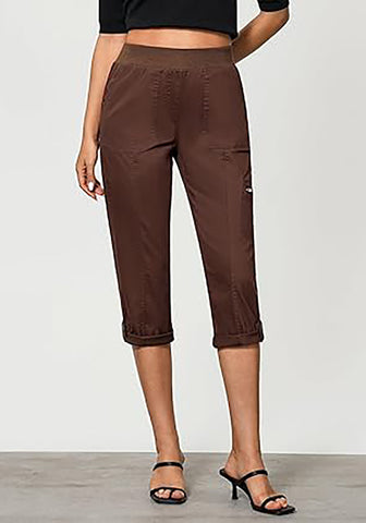 Brown Women Waist High Waist Slight Stretch Capri Elastic Wais