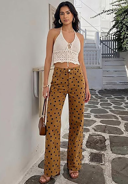 LookbookStore Wide Leg Jeans for Women High Waisted Polka Dot Stretch Denim Pants | Polka Dot, 90s Baggy Straight, High Rise, 29.5 Inch Inseam, Stretchy Jean Pants, Classic 5 Pockets, Business Casual Outfits