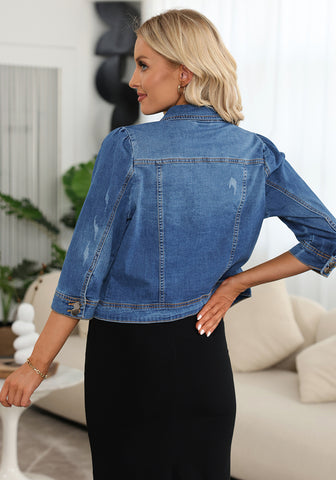 Medium Blue Women's Brief Vintage Distressed Stretchy Puff Sleeve Denim Jackets