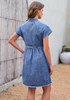 LookbookStore Bay Blue Women's Short Sleeve Babydoll Denim Dress – Pleated Raw Hem Distressed Western Style with Pockets