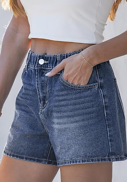 LookbookStore Reef Blue High Waisted Baggy Wide Leg Denim Shorts Women Elastic Waist Mom Jorts 4" Inseam Summer Casual