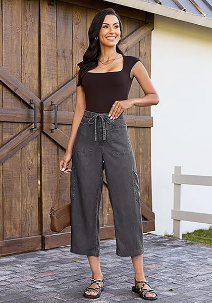 LookbookStore Women's Dust Black Trendy Barrel Jeans, High Rise Wide Leg Baggy Denim Pants with Elastic Drawstring Waist & Button Fly