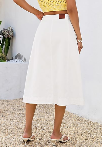 LookbookStore Women's Cream White Trendy Midi A-Line Denim Skirt – Stretchy Western Casual Button Down Style with Convenient Pockets