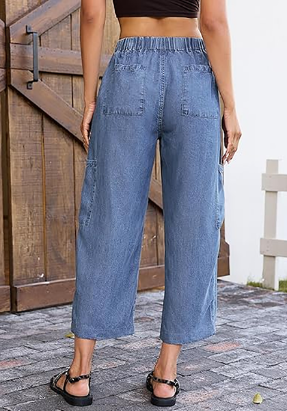 LookbookStore Women's Brilliant Blue Trendy Barrel Jeans, High Rise Wide Leg Baggy Denim Pants with Elastic Drawstring Waist & Button Fly