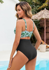 LookbookStore Women's Black Green FloralV Neck Block One Piece Swimsuit with Cut Out & Ruched High Waist