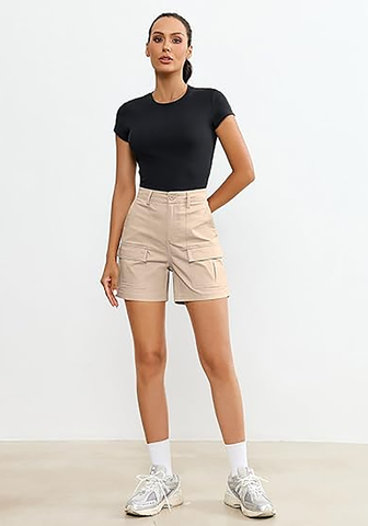LookbookStore Cargo Shorts for Women High Waisted Cotton Elastic Waist Shorts with Pockets