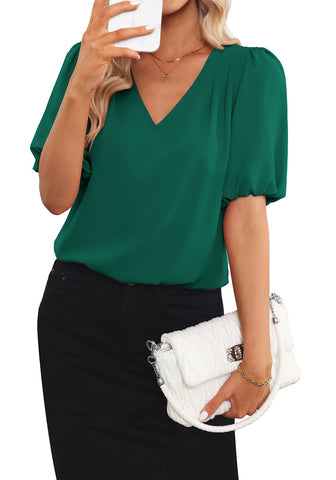 Alpine Green Women's Puff Sleeve V-Neck Blouses Business Casual Work Tops