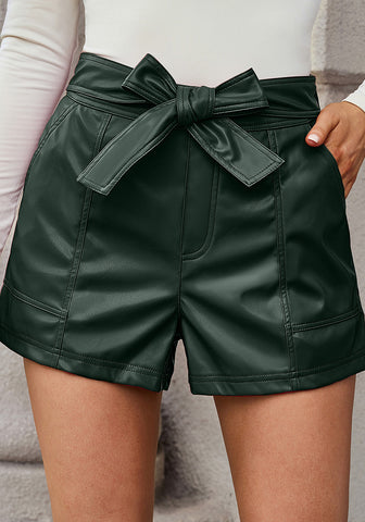 Green Gables Women's High Waist Wide Leg Stretch Belted Shorts PU Leather Pants