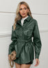 Dark Green Women's Long Sleeve Faux Fur Belted Biker Moto Coat Leather