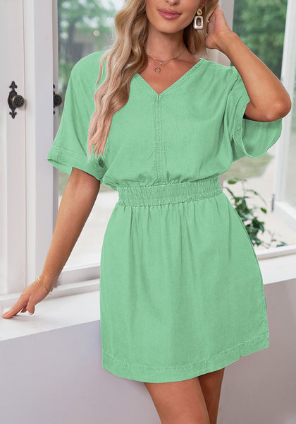 Gossamer Green Denim Dress for Women Chambray Batwing Sleeves Smocked Waist A-line Short Jean Dresses with Pockets