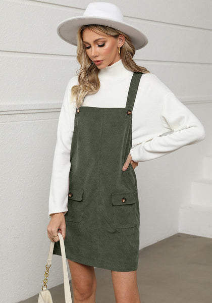 Olive Green Women's Fashion Adjustable Straps Corduroy Overalls Pinafore Short Dresses