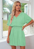 Gossamer Green Denim Dress for Women Chambray Batwing Sleeves Smocked Waist A-line Short Jean Dresses with Pockets
