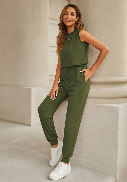Olive Green Women's Sleeveless Drawstring Jumpsuit with Stretchy Long Pants Jogger