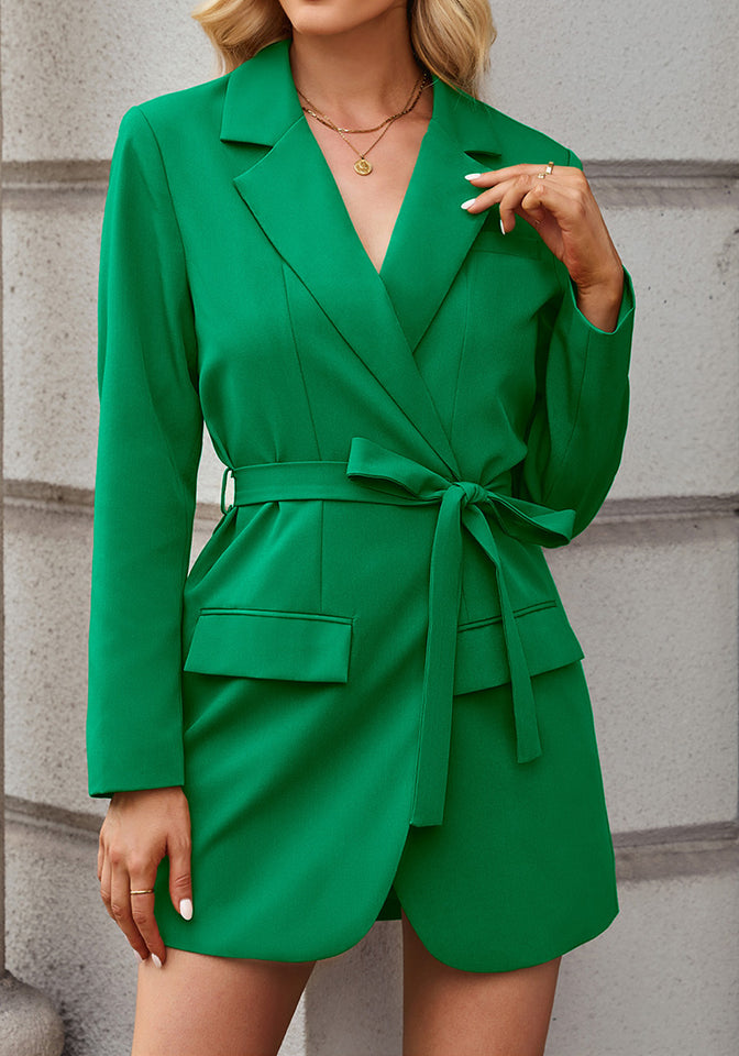 Kelly Green Women's Casual Long Suit Jacket Belted Fashion Office Blaz –  Lookbook Store