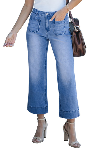 Classic Blue Women's High Waisted Long Denim Wide Leg Pockets Cropped Pants Jeans Trouser