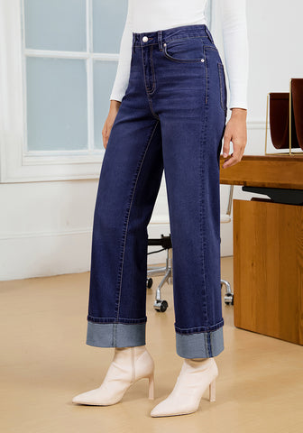 Darkness Blue Women's Fashionable High Waisted Wide Leg Jeans Casual Jeans Versatile for Commuting