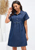 Bright Cobalt Blue Women's Short Sleeves Loose Denim Pull On Babydoll Short Dress