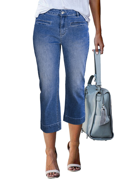 2024 Women's Casual Classic Medium Blue Denim High Waisted Slim Fit Jeans Capri Pants With Pockets