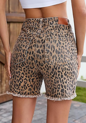 LookbookStore Women Bleached Caramel Cheetah High Rise Leopard Cheetah Print Jean Shorts, Stretch Denim Raw Hem Mid Thigh Casual Summer Jorts