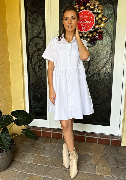 Brilliant White Women's Short Sleeve Button Down Babydoll Dress A-Line Tunic Dress