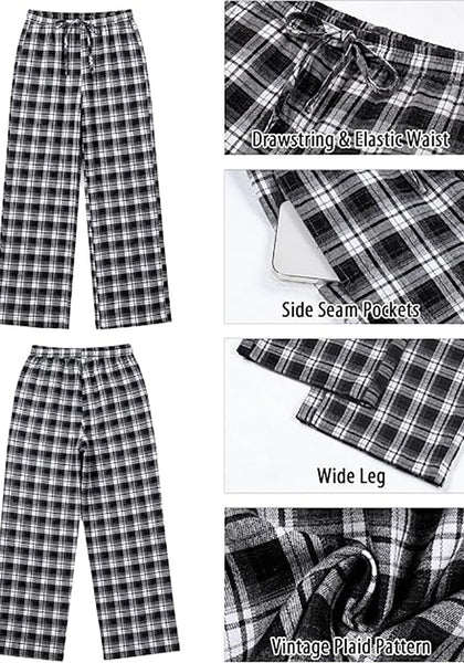 GRAPENT Women's High Waisted Wide Leg Plaid Pants | Tartan Pattern, Elastic Waist Drawstring, Pockets, Relaxed Fit, Casual Daily Fall Outfits