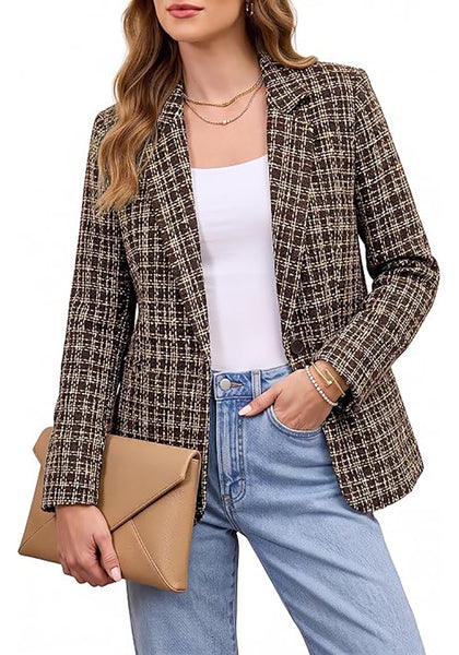 GRAPENT Women's Tweed Plaid Blazer | Notched Lapel, Fully Lined, Shoulder Pads, Single Button, 2 Pockets, Interview Office Business Casual