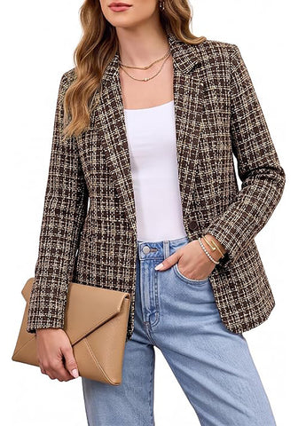 GRAPENT Women's Tweed Plaid Blazer | Notched Lapel, Fully Lined, Shoulder Pads, Single Button, 2 Pockets, Interview Office Business Casual