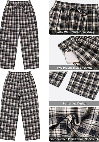 GRAPENT Women's High Waisted Plaid Barrel Pants | Tapered Wide Leg, Elastic Drawstring Waist, Front Pockets, Work Office Casual Fall Outfits