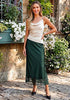 Dark Green Women's Satin Maxi Skirt — Silky Bias Cut Long Slip Skirt with Easy Pull On Elastic Waistband & Lace Trim Hem