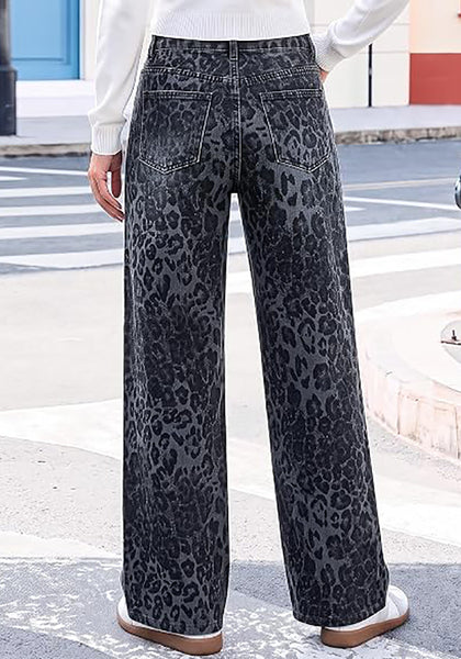 GRAPENT Women's High Waist Wide Leg Leopard Jeans | Stretchy Denim, Baggy Loose Fit, 29.5" Inseam, Cheetah Print, Western Chic Outfits