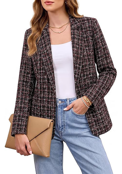 GRAPENT Women's Tweed Plaid Blazer | Notched Lapel, Fully Lined, Shoulder Pads, Single Button, 2 Pockets, Interview Office Business Casual