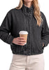 Washed Black Women's Funnel Neck Denim Jacket — Oversized Zip Up Jean Jacket with Drop Shoulder, Elastic Hem & Side Slant Pockets