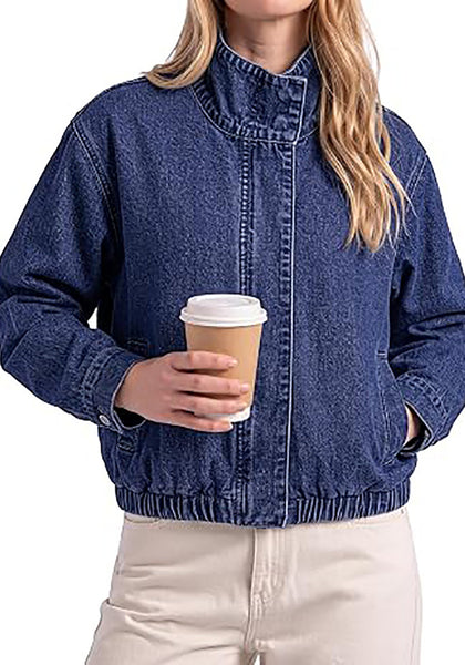 Darkness Blue Women's Funnel Neck Denim Jacket — Oversized Zip Up Jean Jacket with Drop Shoulder, Elastic Hem & Side Slant Pockets