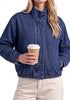 Darkness Blue Women's Funnel Neck Denim Jacket — Oversized Zip Up Jean Jacket with Drop Shoulder, Elastic Hem & Side Slant Pockets
