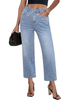LookbookStore Lakeside Blue Women High Waisted Rhinestone Embellished Wide Leg Cropped Denim Jeans Casual Wear Staple