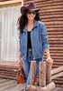 Medium Blue Women's Funnel Neck Denim Jacket — Oversized Zip Up Jean Jacket with Drop Shoulder, Elastic Hem & Side Slant Pockets