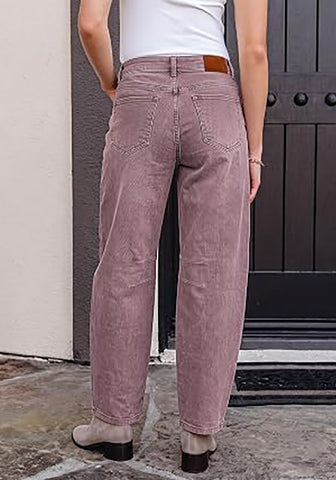 Pecan Brown Barrel Jeans for Women High Waisted Baggy Drawstring Wide Leg Denim Pants Stretchy Ankle Length 27.5 Inseam Casual Trendy