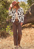 Dark Brown Cow Print Women's Cow Print Faux Suede Shacket — Cropped Button Down Jacket with Pockets & Full Lining
