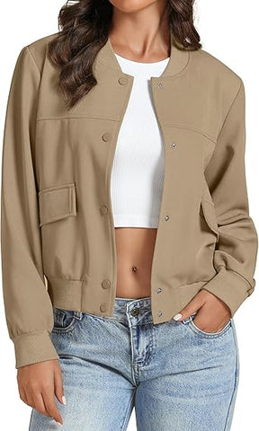 Khaki Women's Casual Fully Buttoned Jackets Baseball Collar Front Pocket Moderate Fit Slight Stretch.