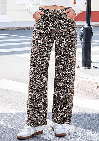 GRAPENT Women's High Waist Wide Leg Leopard Jeans | Stretchy Denim, Baggy Loose Fit, 29.5" Inseam, Cheetah Print, Western Chic Outfits