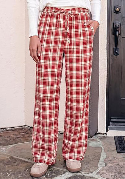 GRAPENT Women's High Waisted Wide Leg Plaid Pants | Tartan Pattern, Elastic Waist Drawstring, Pockets, Relaxed Fit, Casual Daily Fall Outfits