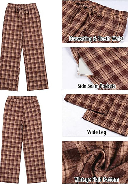 GRAPENT Women's High Waisted Wide Leg Plaid Pants | Tartan Pattern, Elastic Waist Drawstring, Pockets, Relaxed Fit, Casual Daily Fall Outfits